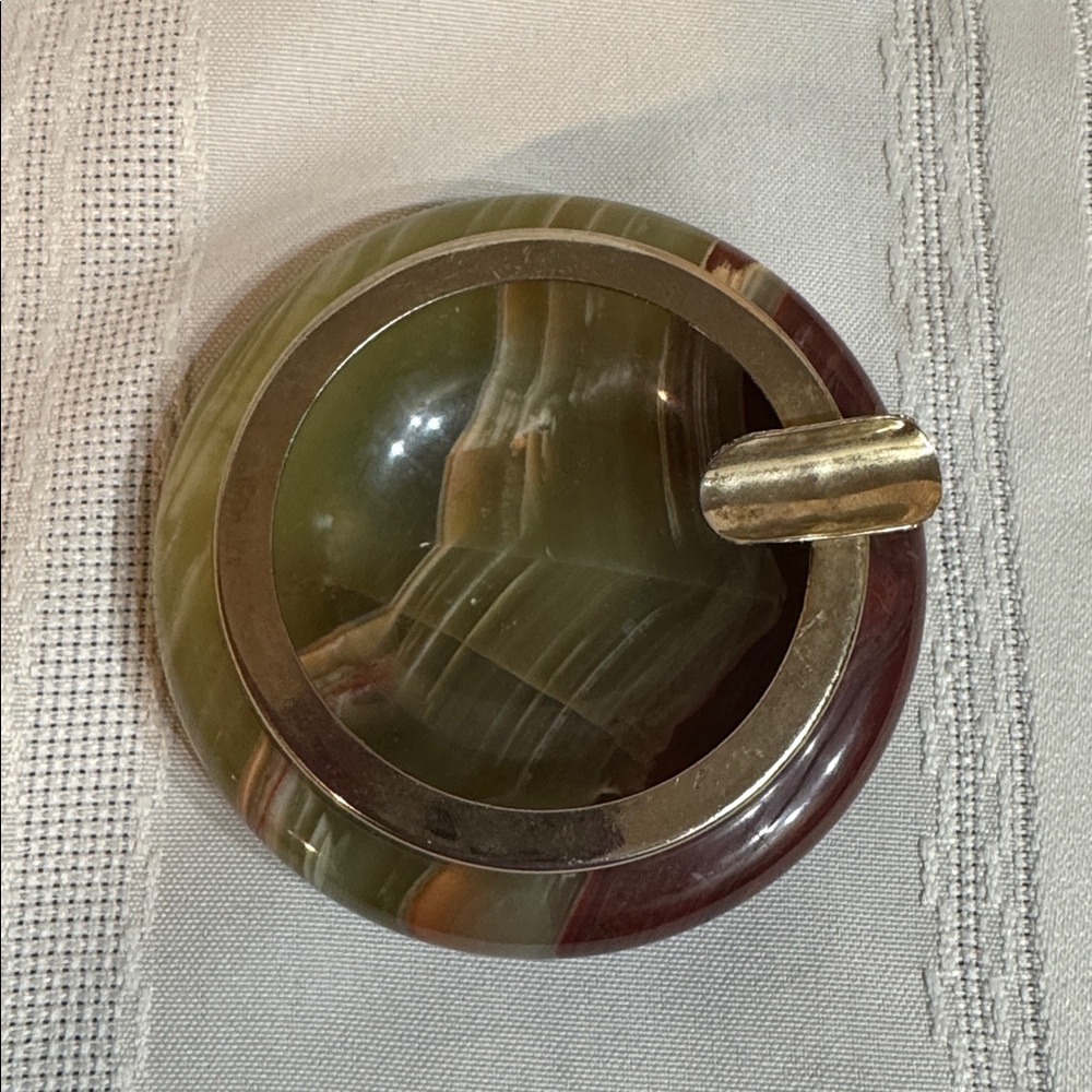 Vintage Jade Marble Ashtray with Gold Decor Green and Brown Size 3”